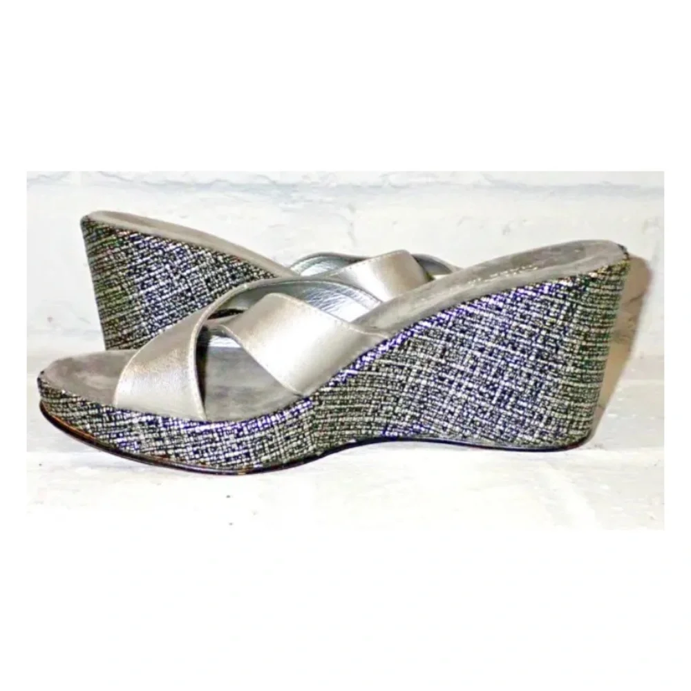 Mila Paoli Wedge Italian Leather Slip On Sandals Gray Womens Size 7.5
